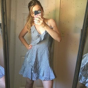 Grey white striped ruffle mini summer dress